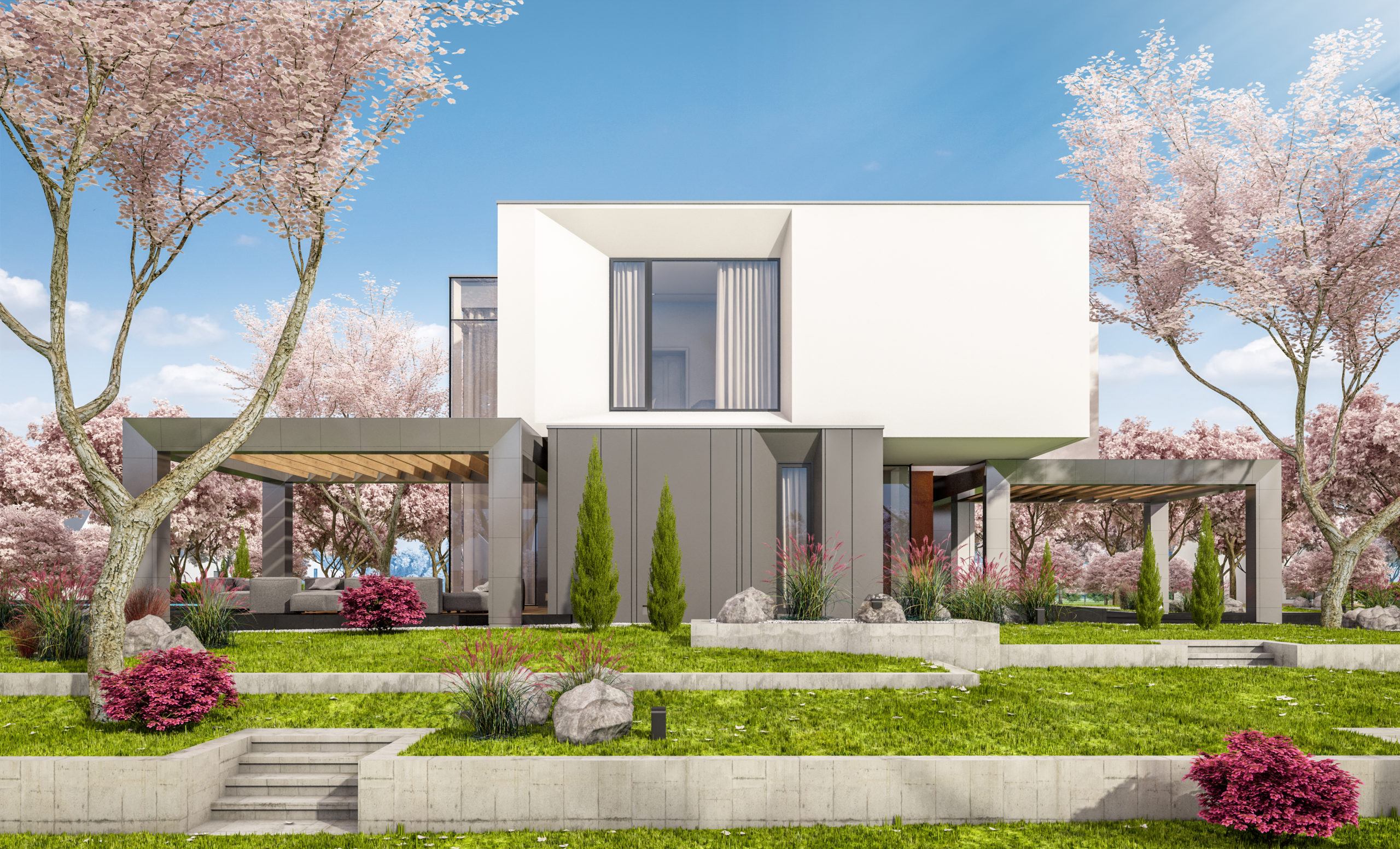 3d rendering of modern cozy house in the garden with garage. Fresh spring day with a blooming trees. For sale or rent with flowers of sakura on background.