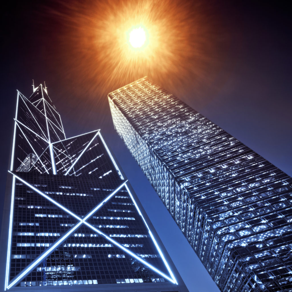 "Business towers with street lamp in Hong Kong, China"